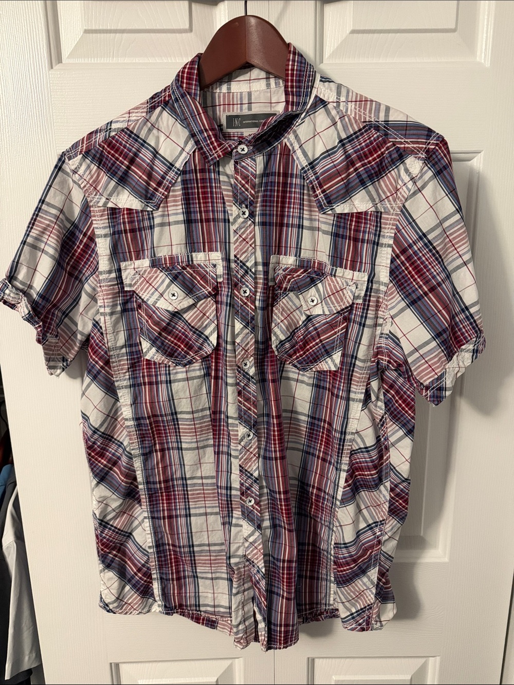 INC International Concepts Short-Sleeve Plaid Button-Down Shirt - Red & Blue